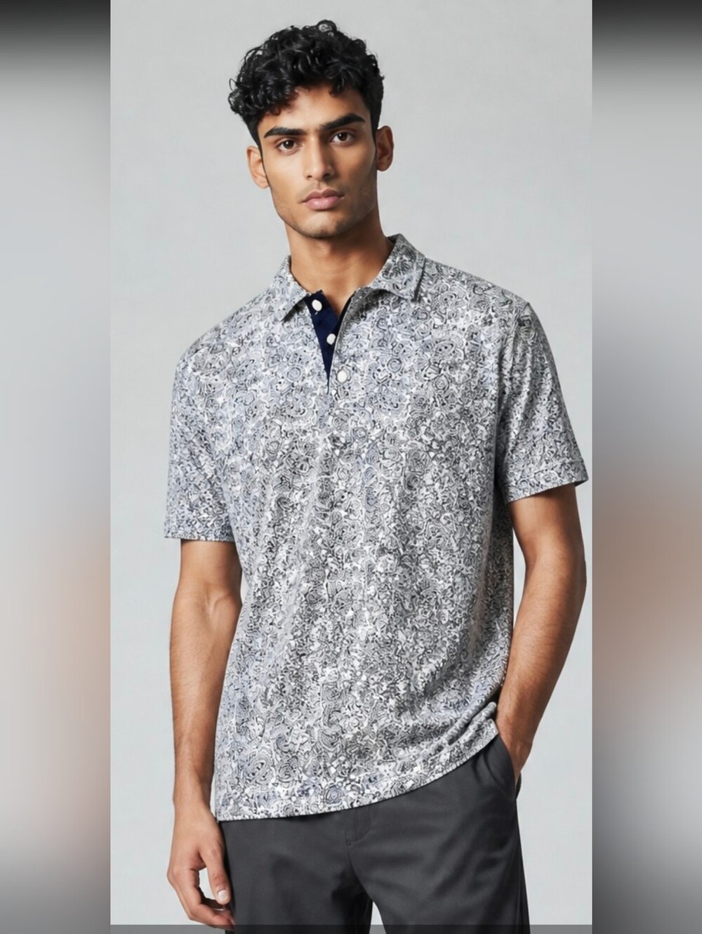 Perry Ellis White Polo with Navy Paisley Pattern